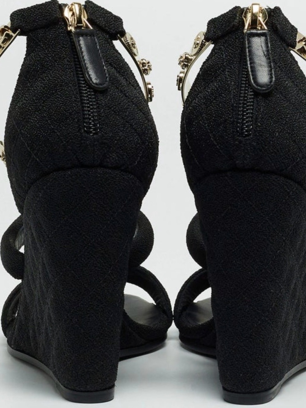 CHANEL Black Canvas Logo Lucky Charms Wedge Sandals - Picture 15 of 16